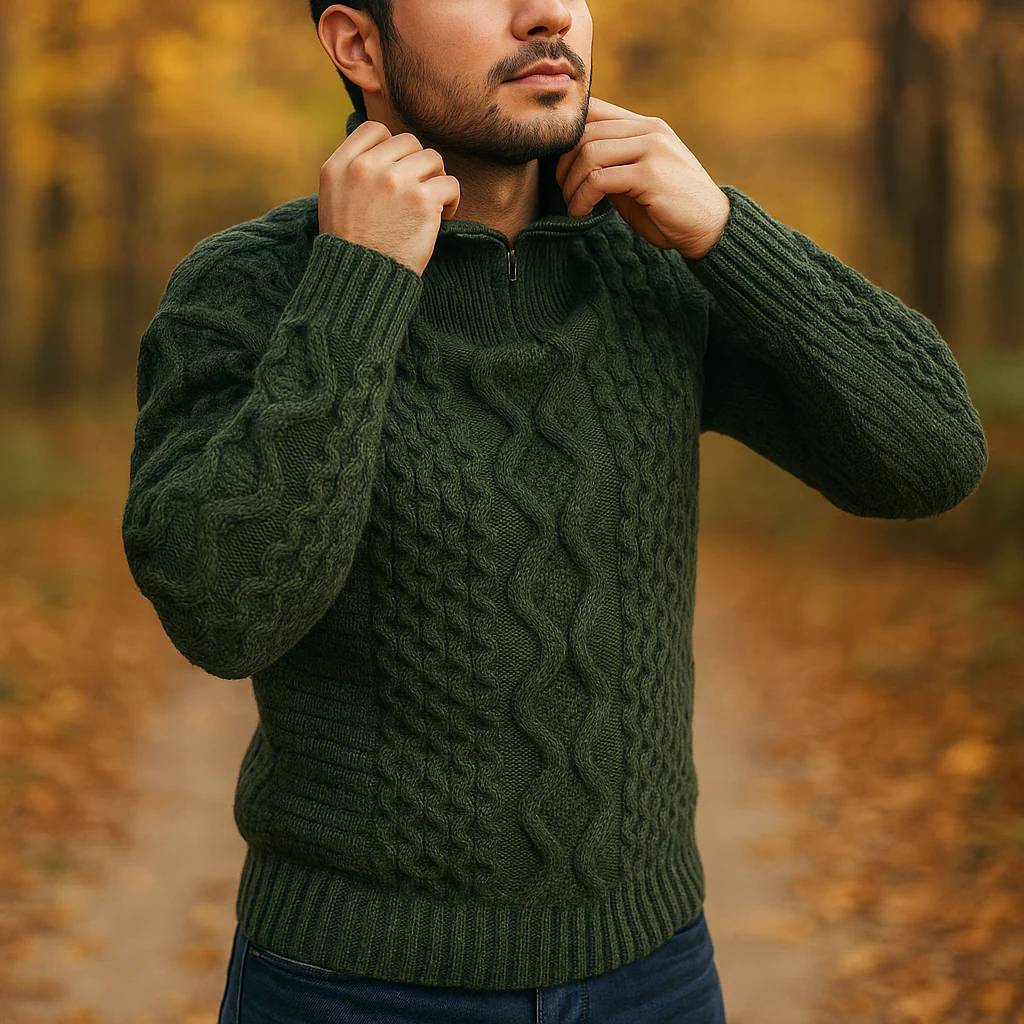 Pull en Câble pour Homme – Col Haut avec Fermeture Éclair – Manches Côtelées – Image 4