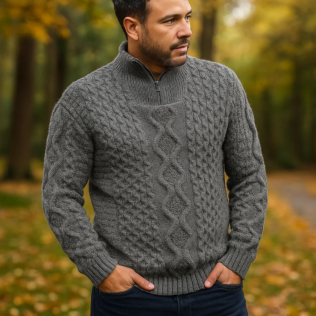 Pull en Câble pour Homme – Col Haut avec Fermeture Éclair – Manches Côtelées – Image 3