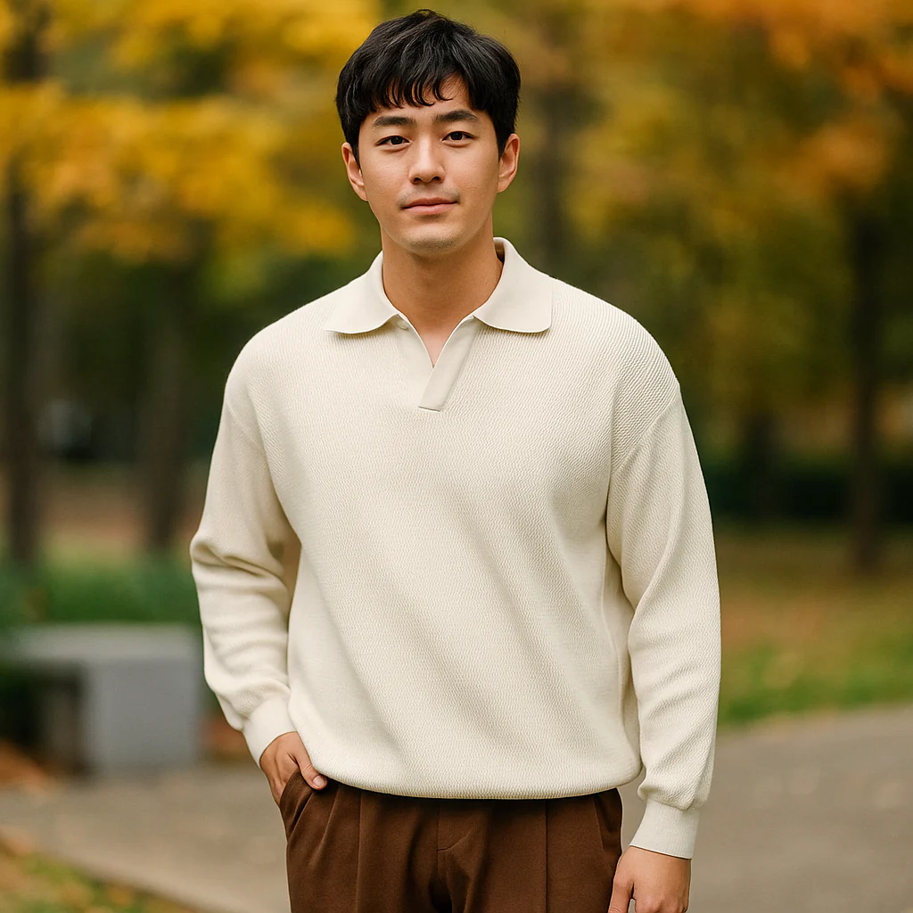 Pull en tricot pour homme - Coupe décontractée - Mélange de coton côtelé - Manches longues – Image 4