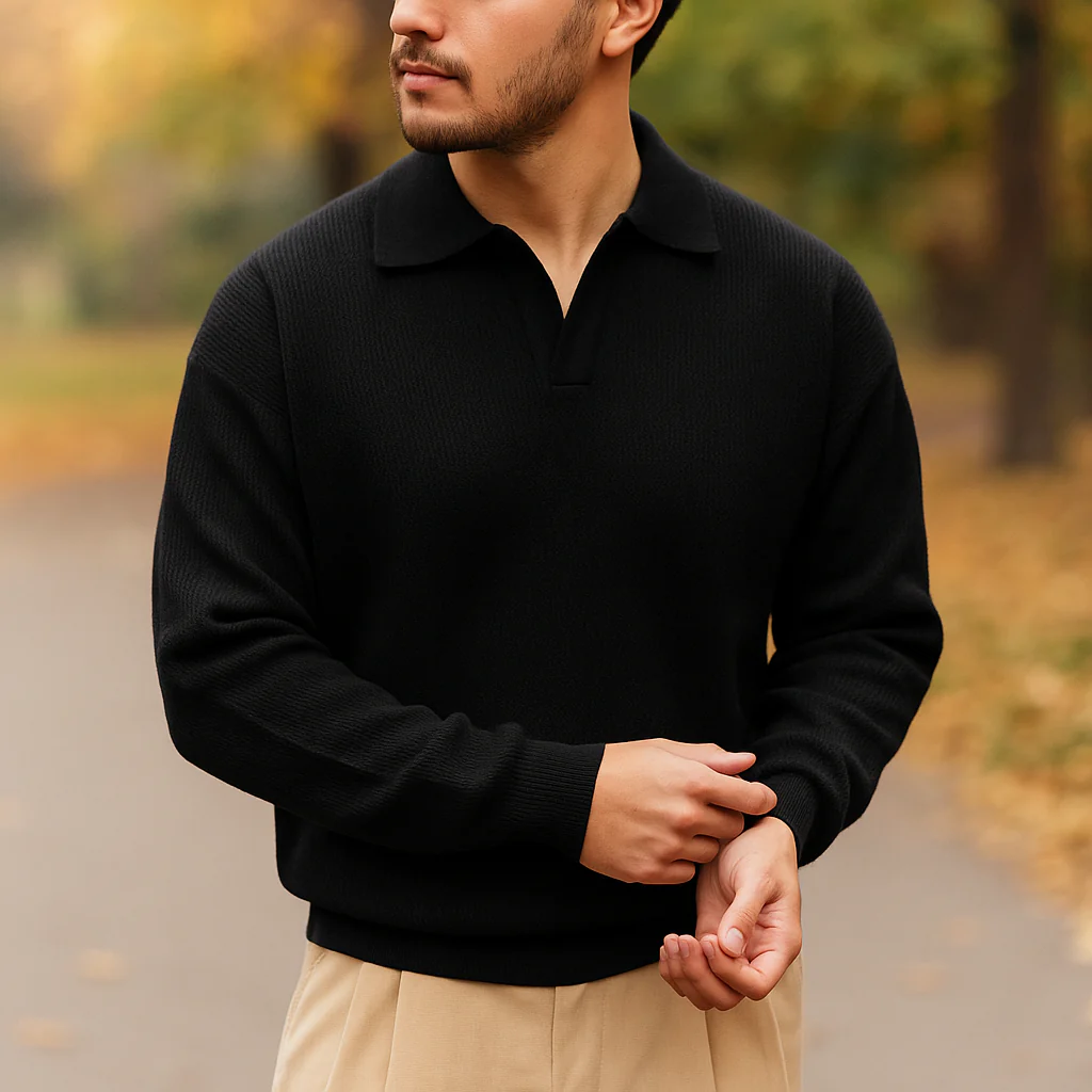 Pull en tricot pour homme - Coupe décontractée - Mélange de coton côtelé - Manches longues – Image 5