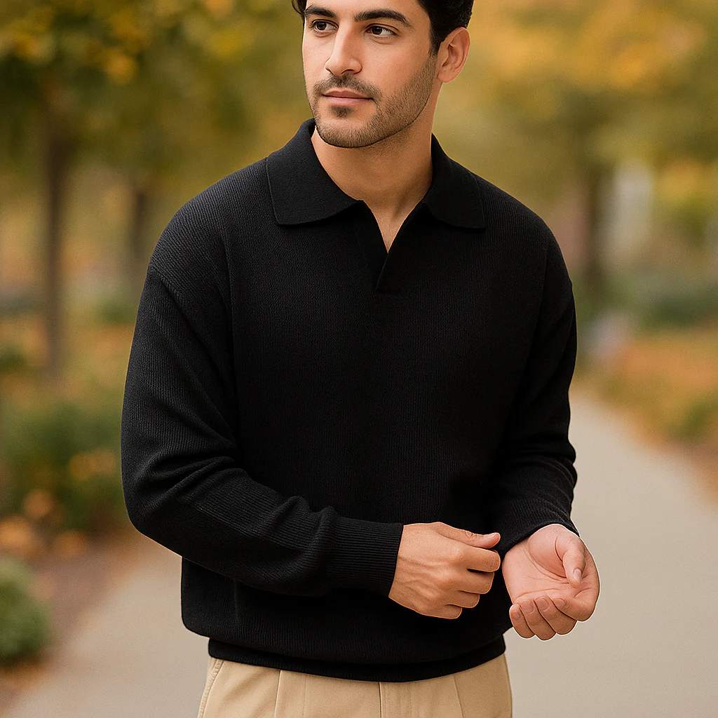 Pull en tricot pour homme - Coupe décontractée - Mélange de coton côtelé - Manches longues – Image 2