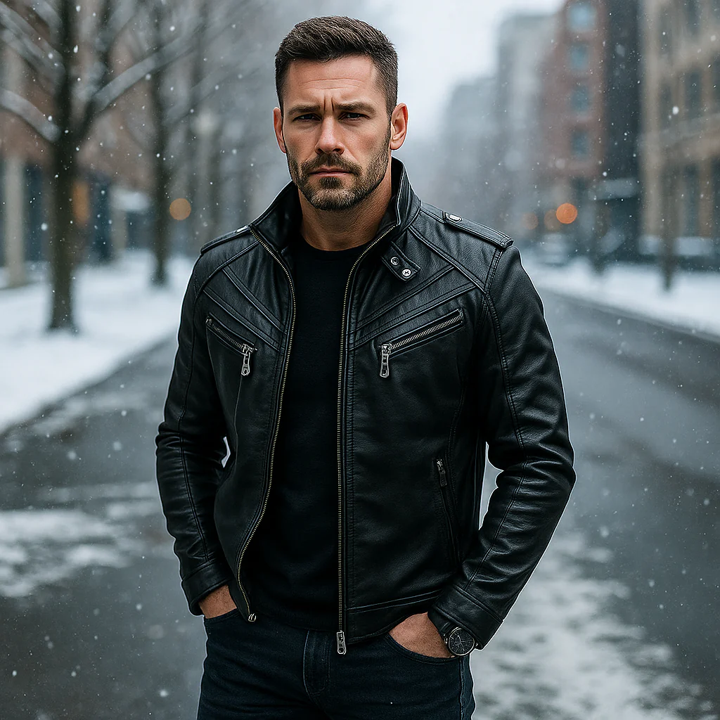Veste Biker Homme - Design Robuste - Multiples Poches