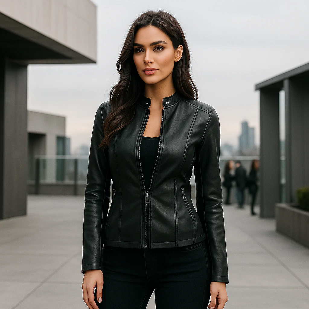 Veste Slim Fit Femme – Col Mao – Fermeture Éclair – Longueur Hanche